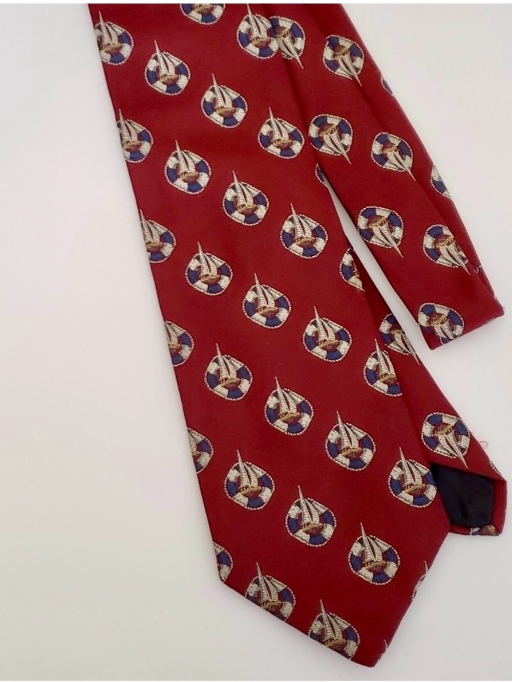 Brooks Brothers Red Tie with Navy and Cream Sailboat Motif